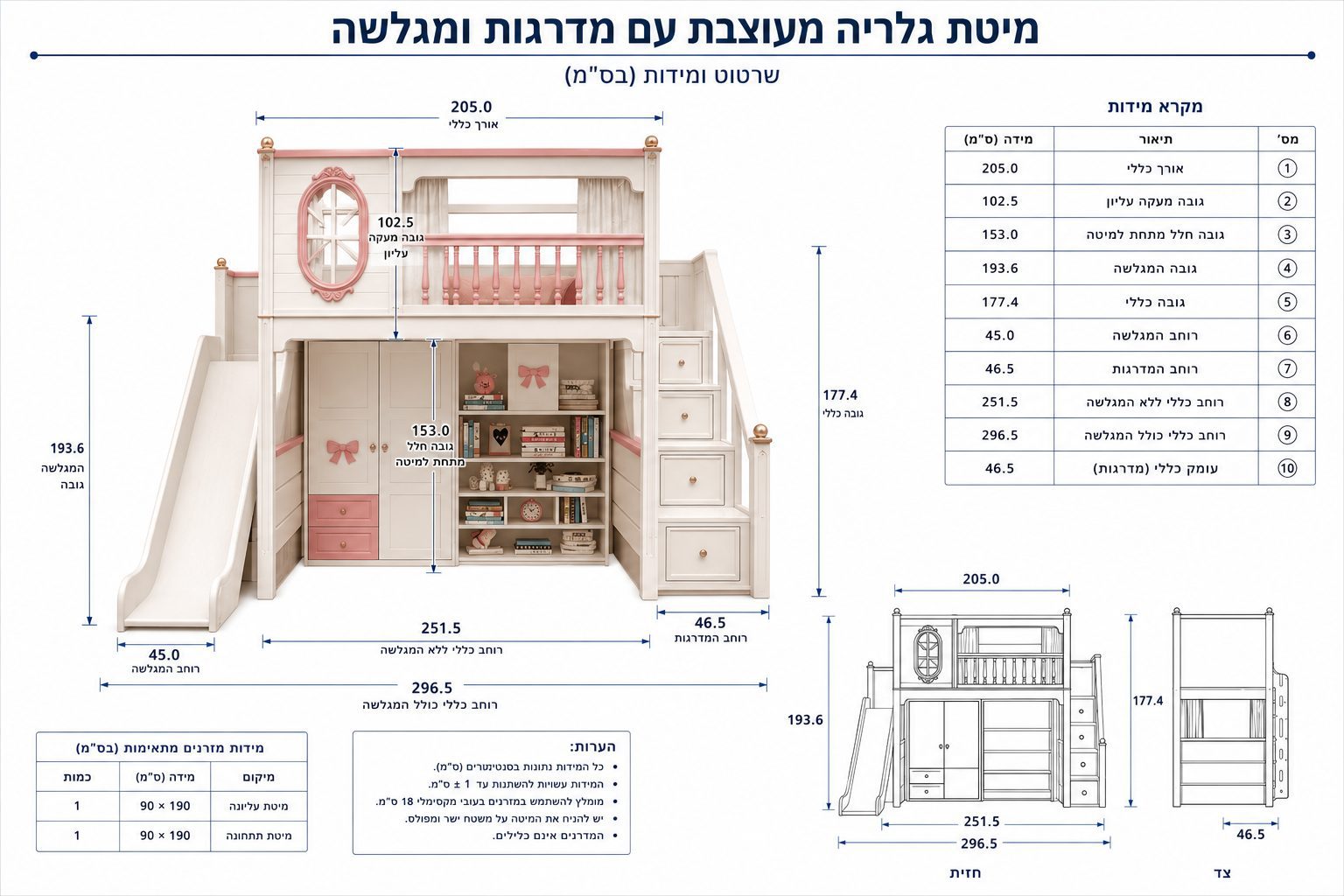 מיטת גלריה הרימו עוגן ורדית (דגם 1070) – תמונה 3